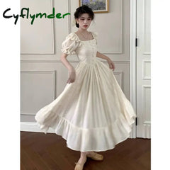 Elegant Square Collar White Dress Summer Fashion Puff Sleeve Ruffle Dress for Women 2024 Chic Vintage Maxi Dresses 