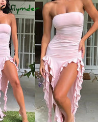 Cyflymder Elegant Strapless Midi Dress Women Summer Irregular Tassel Skinny Split Ruffles Bodycon