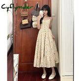 Elegant Summer Dress Women Office Lady O-Neck Button Fashion Sleeveless Dresses Femme Camisole High Waisted Vestidos Female