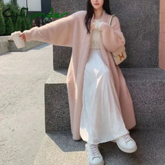 Cyflymder Elegant Sweet Long Sweater Cardigan Women Korean Style Sweaters Coat Autumn Winter Solid Loose Casual Vintage