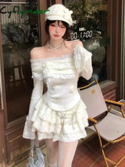Cyflymder Elegant Vintage 2 Piece Sets Women Sweet Flower Lace Slash Neck Knitted Tops + Y2k Mini Cake Skirts Korean