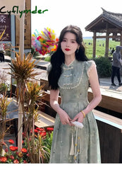 Cyflymder Elegant Vintage Floral Slip Dress Women Ruffles Design Korean Style Long Fairy Dress Female 2024 Summer