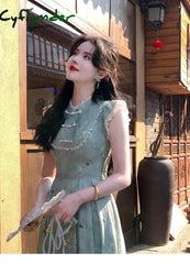 Cyflymder Elegant Vintage Floral Slip Dress Women Ruffles Design Korean Style Long Fairy Dress Female 2024 Summer