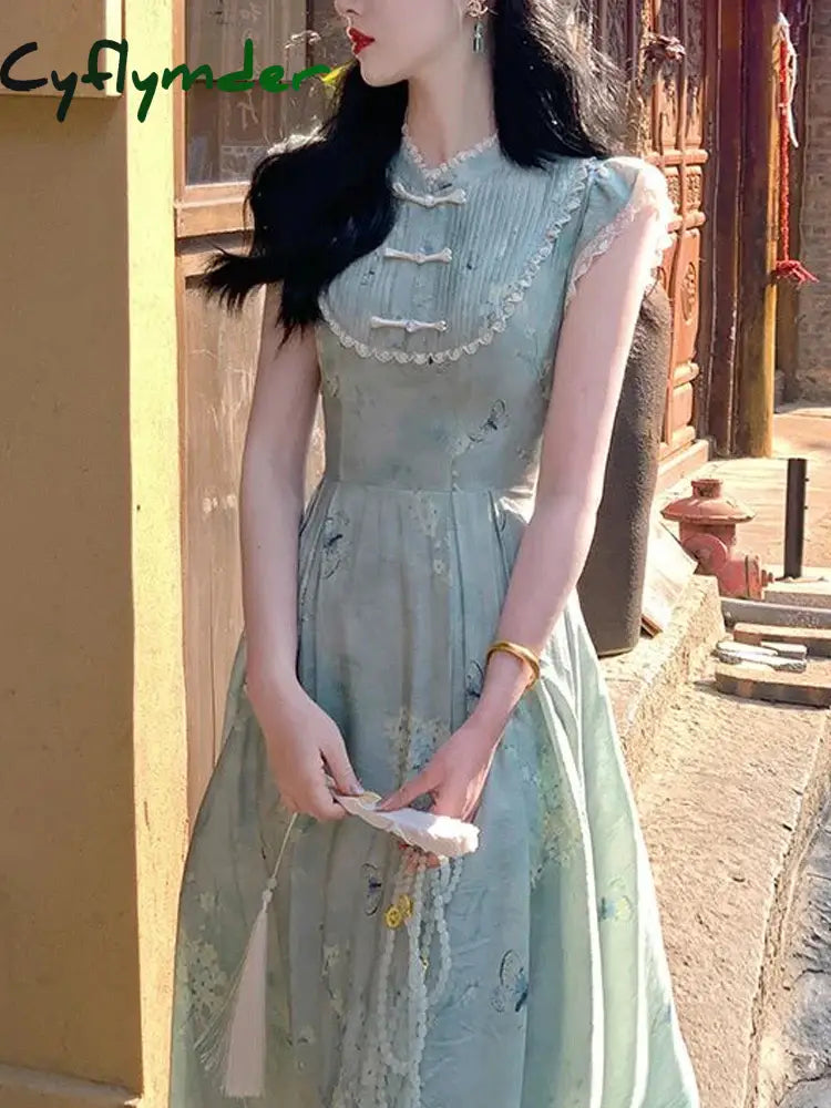 Cyflymder Elegant Vintage Floral Slip Dress Women Ruffles Design Korean Style Long Fairy Dress Female 2024 Summer