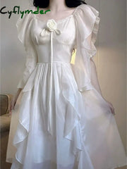 Cyflymder Elegant White Dress Women Fairy Dresses Summer Chiffon Vintage Female Sundress Ruffles