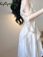 Cyflymder Elegant White Dress Women Fairy Dresses Summer Chiffon Vintage Female Sundress Ruffles