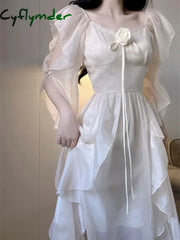 Cyflymder Elegant White Dress Women Fairy Dresses Summer Chiffon Vintage Female Sundress Ruffles