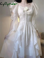 Elegant White Dress Women Fairy Dresses Summer Chiffon Vintage Female Sundress Ruffles Holiday Style Fashion Robe