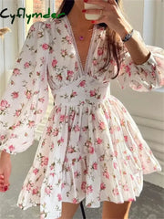 Cyflymder Elegant Women Floral Print Short Mini Dress Long Lantern Sleeve Deep V Neck High Waist