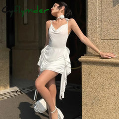 Cyflymder Elegant Women Ruffles Backless Mini Dress Y2K Fashion Sleeveless Halter Summer Dresses Sexy Low-cut Tight