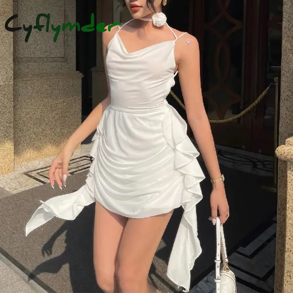 Cyflymder Elegant Women Ruffles Backless Mini Dress Y2K Fashion Sleeveless Halter Summer Dresses Sexy Low-cut Tight