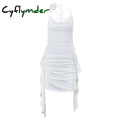 Cyflymder Elegant Women Ruffles Backless Mini Dress Y2K Fashion Sleeveless Halter Summer Dresses Sexy Low-cut Tight