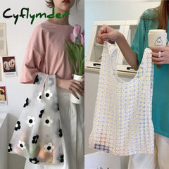 Cyflymder Embroidered Light Clear Organza Jelly Tote Recycle Shopping Bag Shoulder Bags Female