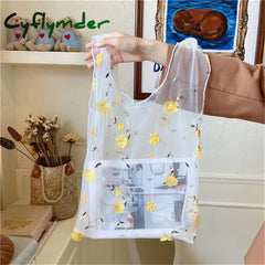Cyflymder Embroidered Light Clear Organza Jelly Tote Recycle Shopping Bag Shoulder Bags Female