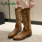 Embroidered Western Cowboy Boots for Women Autumn Pointed Toe Knee High Boots Woman Chunky Heels Slip-On Thigh High Booties
