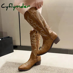 Cyflymder Embroidered Western Cowboy Boots For Women Autumn Pointed Toe Knee High Woman Chunky