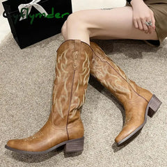 Cyflymder Embroidered Western Cowboy Boots For Women Autumn Pointed Toe Knee High Woman Chunky