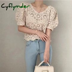 Cyflymder Embroidery Crochet Top Lace Blouse Puff Sleeve Wavy Hem Crop Tops for Women Korean Fashion Chic Spring Summer