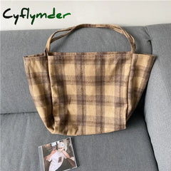 Cyflymder Extra Large Women Woolen Canvas Bags Checked Pattern Design Handbag Soft Warm Cloth