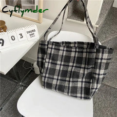 Cyflymder Extra Large Women Woolen Canvas Bags Checked Pattern Design Handbag Soft Warm Cloth
