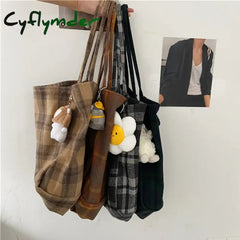 Cyflymder Extra Large Women Woolen Canvas Bags Checked Pattern Design Handbag Soft Warm Cloth