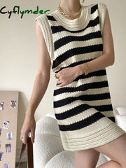 Cyflymder - Eyelet Stripe Knit Short Dress Beige / Xs Sweater Dresses