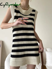 Cyflymder - Eyelet Stripe Knit Short Dress Sweater Dresses