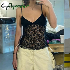 Cyflymder Fairy Coquette Floral Lace Camis 90S Vintage V Neck Mesh Sheer Crop Tops Y2K Aesthetic
