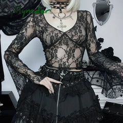 Cyflymder Fairy Cottage Floral Lace Crop Tops Women Korean Long Sleeve Slim Fit Tees Y2K Vintage V