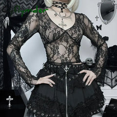 Cyflymder Fairy Cottage Floral Lace Crop Tops Women Korean Long Sleeve Slim Fit Tees Y2K Vintage V