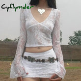 Fairy Cottage Floral Lace Crop Tops Women Korean Long Sleeve Slim Fit Tees Y2K Vintage V Neck See Through Sheer Mesh T Shirt