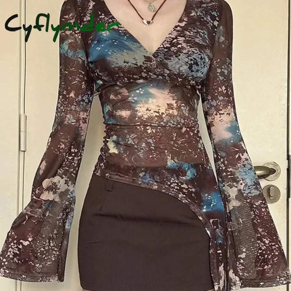 Cyflymder Fairycore Grunge Printed Mesh Top Women Streetwear Slim-fitting Flared Sleeve T-shirts Translucent