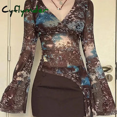 Cyflymder Fairycore Grunge Printed Mesh Top Women Streetwear Slim-fitting Flared Sleeve T-shirts Translucent