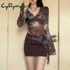 Cyflymder Fairycore Grunge Printed Mesh Top Women Streetwear Slim-fitting Flared Sleeve T-shirts Translucent