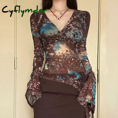 Cyflymder Fairycore Grunge Printed Mesh Top Women Streetwear Slim-fitting Flared Sleeve T-shirts Translucent