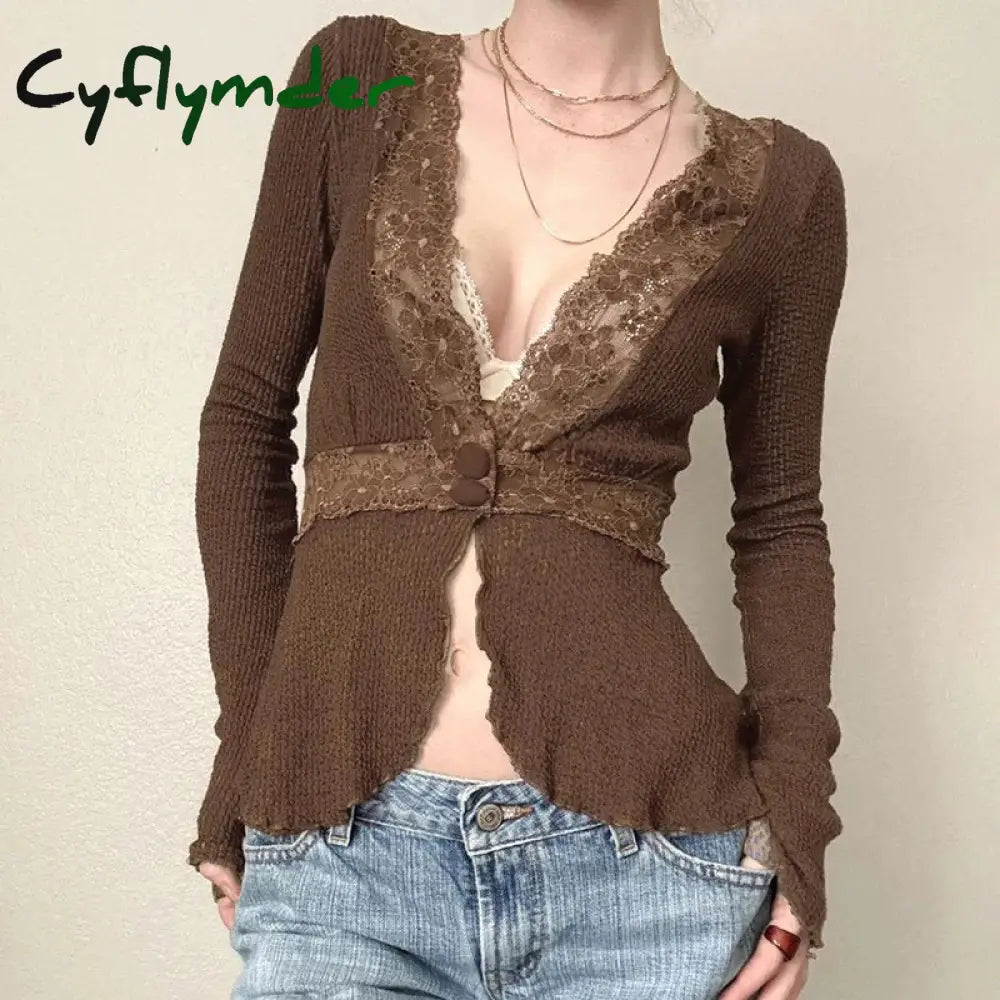 Cyflymder Fairycore Lace Patchwork Deep V-neck Top Brown Sexy Button-up Cardigan Chic Elegant Flared Long Sleeve