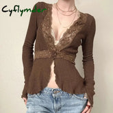Cyflymder Fairycore Lace Patchwork Deep V-neck Top Brown Sexy Button-up Cardigan Chic Elegant Flared Long Sleeve