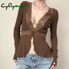 Cyflymder Fairycore Lace Patchwork Deep V-neck Top Brown Sexy Button-up Cardigan Chic Elegant Flared Long Sleeve