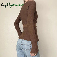 Cyflymder Fairycore Lace Patchwork Deep V-neck Top Brown Sexy Button-up Cardigan Chic Elegant Flared Long Sleeve