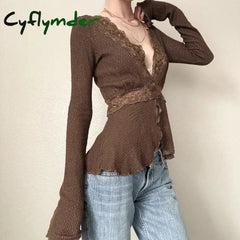 Cyflymder Fairycore Lace Patchwork Deep V-neck Top Brown Sexy Button-up Cardigan Chic Elegant Flared Long Sleeve