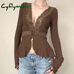 Cyflymder Fairycore Lace Patchwork Deep V-neck Top Brown Sexy Button-up Cardigan Chic Elegant Flared Long Sleeve