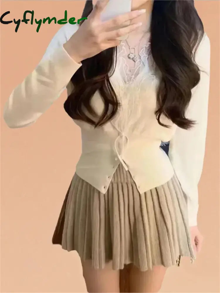 Cyflymder FALL OUTFITS Autumn Winter Cardigan for Women Patchwork Lace Long Sleeve Fashion Korean Knitted Sweet Sweater
