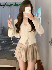 Cyflymder FALL OUTFITS Autumn Women French Long Sleeve Cardigan + High Waist Mini Skirt Korean Fashion Suits Elegant