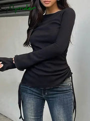 Cyflymder FALL OUTFITS Black Solid Ribbed O Neck Slim Long Sleeve Basic Long Sleeve T Shirt Women Side Shirring Lace-Up
