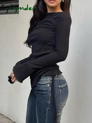 Cyflymder FALL OUTFITS Black Solid Ribbed O Neck Slim Long Sleeve Basic Long Sleeve T Shirt Women Side Shirring Lace-Up