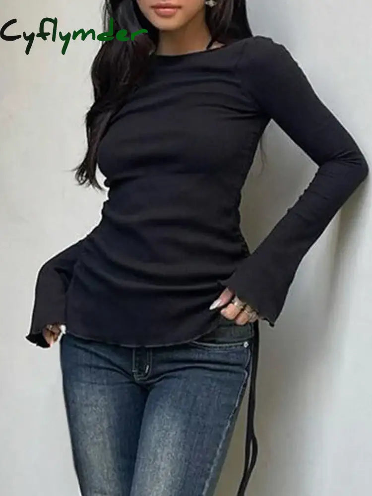 Cyflymder FALL OUTFITS Black Solid Ribbed O Neck Slim Long Sleeve Basic Long Sleeve T Shirt Women Side Shirring Lace-Up