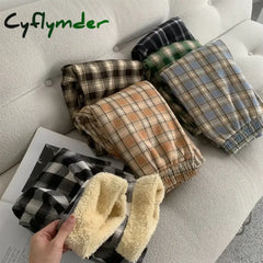 Cyflymder FALL OUTFITS Fashion Warm Plush Pants Cashmere Thick Plaid Ladies Winter Casual Loose Wide-legged Pants