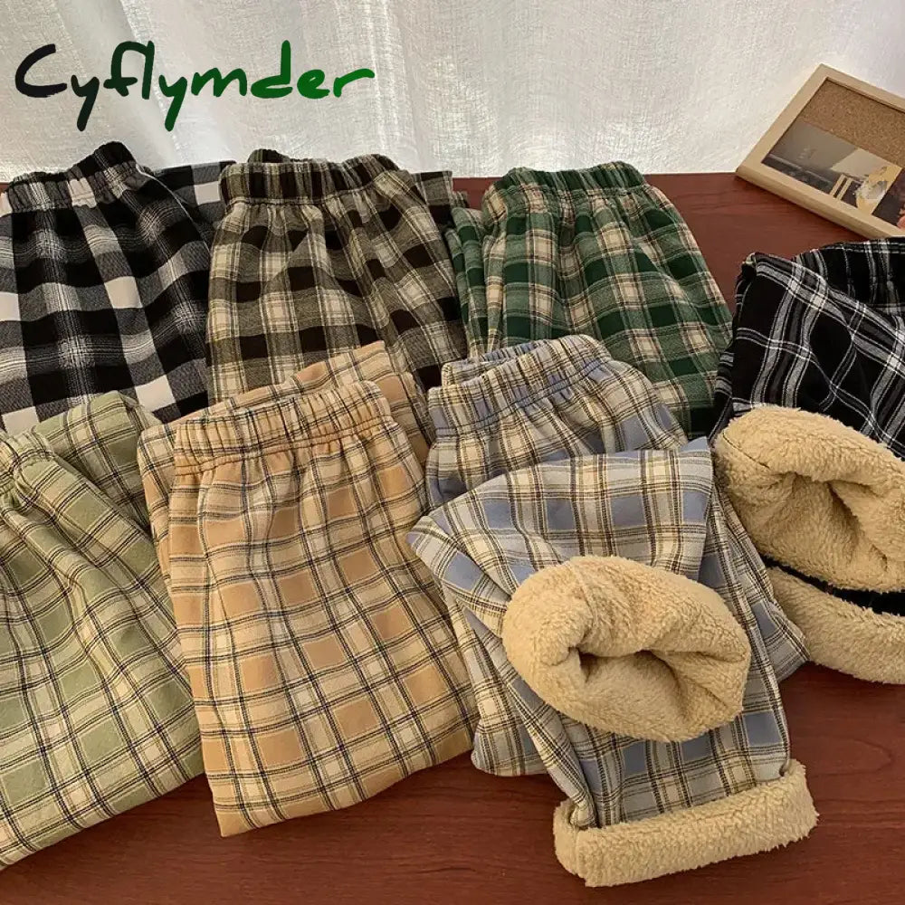 Cyflymder FALL OUTFITS Fashion Warm Plush Pants Cashmere Thick Plaid Ladies Winter Casual Loose Wide-legged Pants