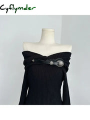 Cyflymder FALL OUTFITS Women Autumn Winter Solid Simple Off Shoulder Slash Neck Knitwear Jumper Loose Long Sleeve