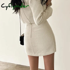 Cyflymder FALL OUTFITS Women Tweed 2 Two Piece Sets Long Sleeve Pearl Buttons Short Jacket and A-line Mini Skirt Set